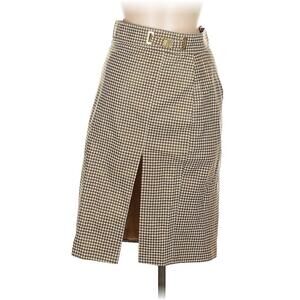 RALPH LAUREN BLACK LABEL BROWN & TAN HOUNDSTOOTH GOLD BUCKLE LEATHER SKIRT 6